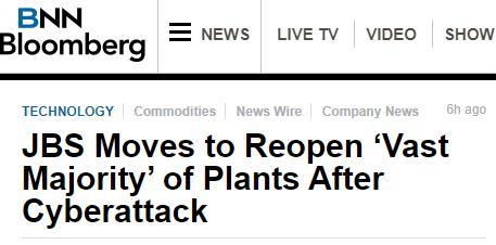 美媒 遭黑客攻擊的肉類加工商jbs停業(yè)工廠或?qū)⒂?月2日恢復(fù)生產(chǎn)